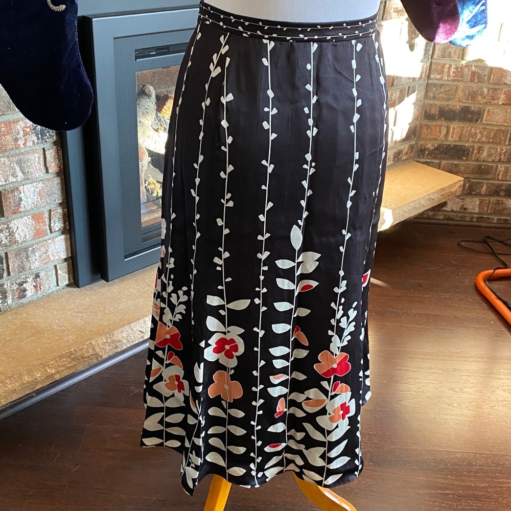 Talbots Black A-Line Skirt with Pink and White Floral Design. GORGEOUS SILK!!
